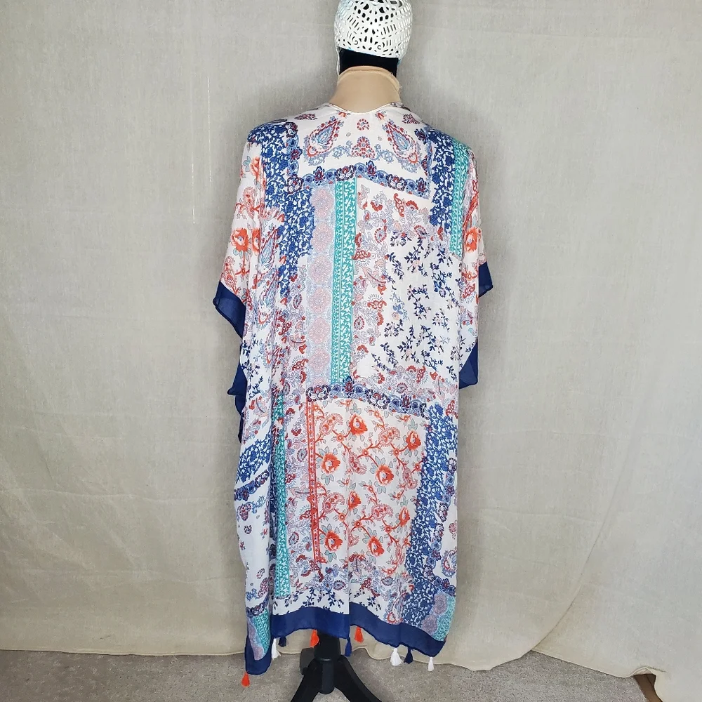 ♧ Open Patchwork Wrap with Tassels Blue Orange Teal & Cream One Size Viscose